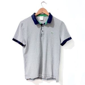 Lacoste Navy Striped Cotton Polo Short trimmed sleeves. Size Medium